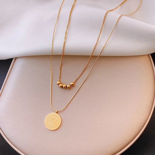 New Stainless steel Double Layer Letter Round Pendant Necklace Women's  Jewelry Party Neck chain Accessories