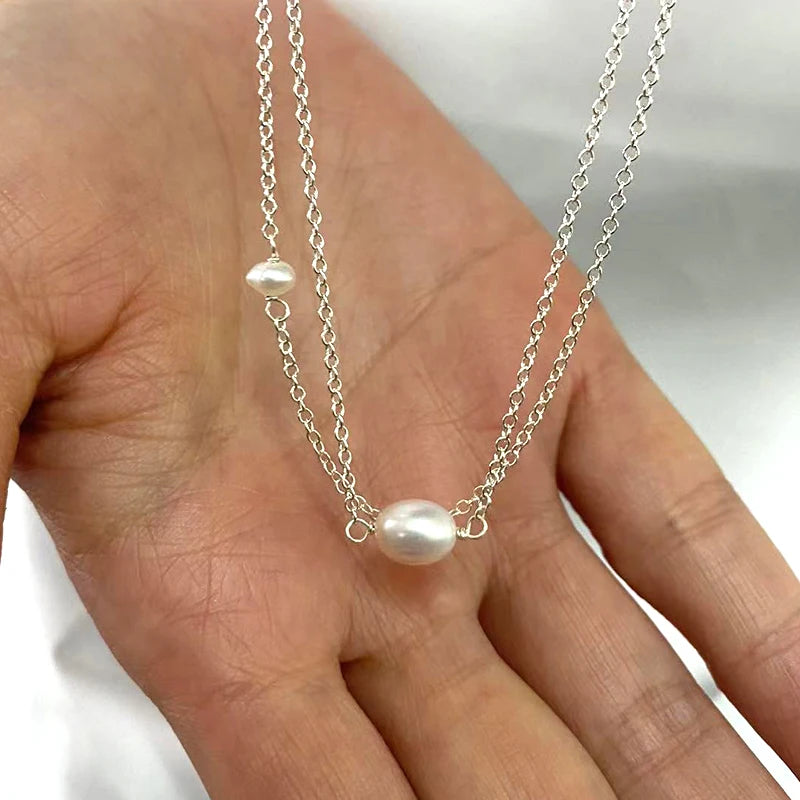 Natural Freshwater Pearl Double Necklace 925 Sterling Silver Chain for Women Female Pearl Choker Fashion Jewelry