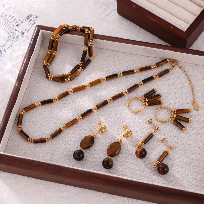 Tiger-eye Stone Beads Drop Earrings Necklace Stainless Steel Gold Plated Stud Earring Necklaces For Women Jewelry Set