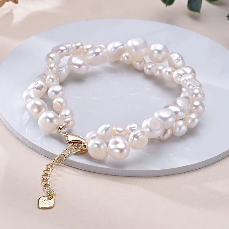 Freshwater 5-6mm 8-9mm White Pearl Double Baroque Bracelet 925 Sterling Silver Fine Jewelry Gifts for Women Girls