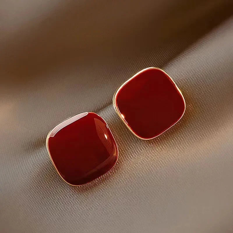 Retro Wine Red Square Stud Earring for Women Simple Geometry Temperament Jewelry Christmas Girlfriend Gift