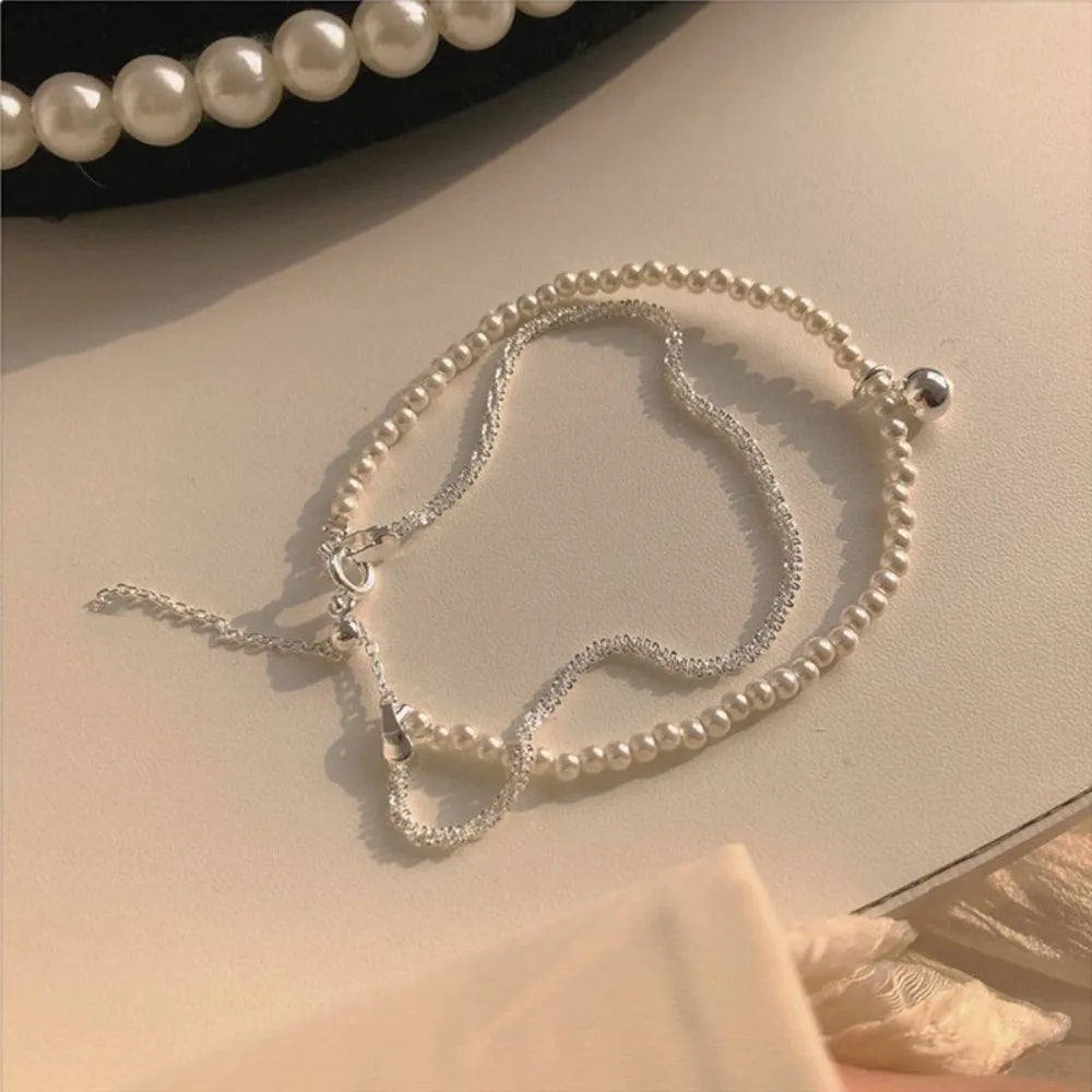 925 Sterling Silver Pearl Bracelets for Women Silver Bead Chain Bracelets