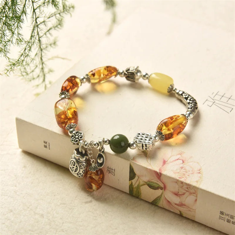 Vintage Women's Natural Piebald Amber Bracelet Amber S925 Sterling Silver Thai Silver Elbow Lucky Bag DIY Design Bracelet