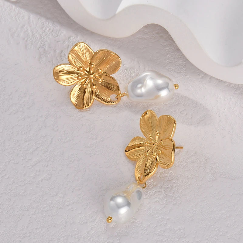 fashion Flower Heart Pearl Stud Earring Charm Stainless Steel Gold Color High Quality Statement Jewelry Gift