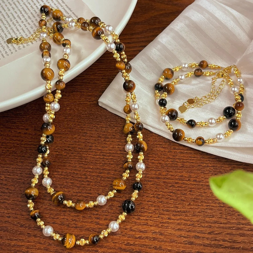 Natural Tiger Eye Stone Pearl Jewelry Set for Women Indian Style Necklaces and Bracelets Handmade Ethnic Accessories