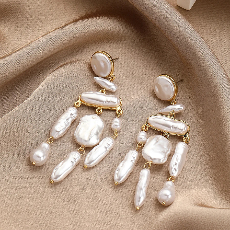 Irregular Simulate Baroque Pearl Pierced Earrings for Women  Long Dangle Tassels Earrings Jewelry