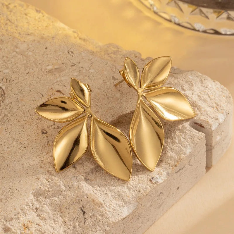 Fashion Stainless Steel Leaves Flower Stud Earrings Bright  Texture High Quality Jewelry