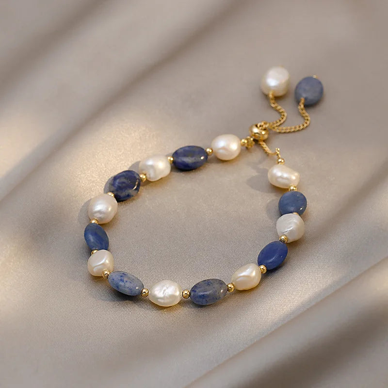 Trendy Blue Jade Stone & Baroque Freshwater Pearl 14K Gold Filled Female Charm Bracelet Jewelry For Women