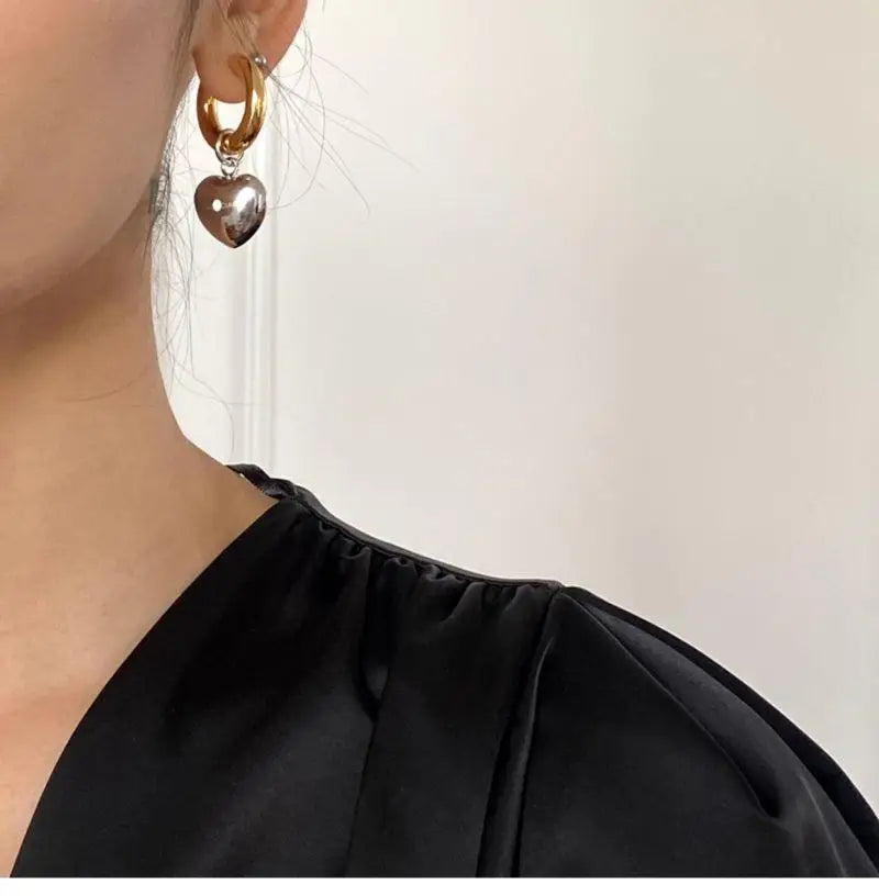 Statement Minimalist Gold Silver Color Mixed Solid Heart Pendant Hoop Earrings