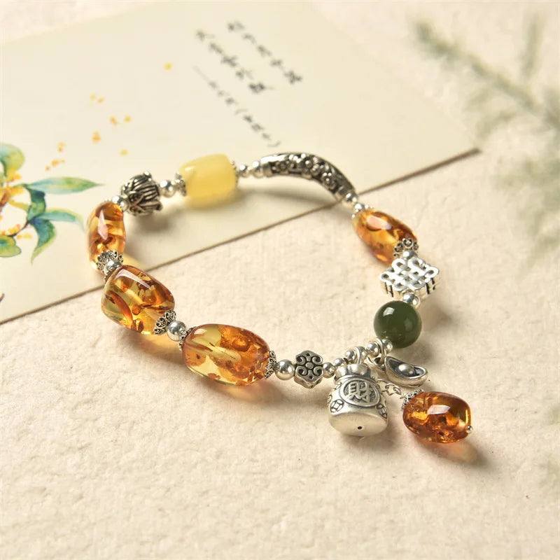 Vintage Women's Natural Piebald Amber Bracelet Amber S925 Sterling Silver Thai Silver Elbow Lucky Bag DIY Design Bracelet