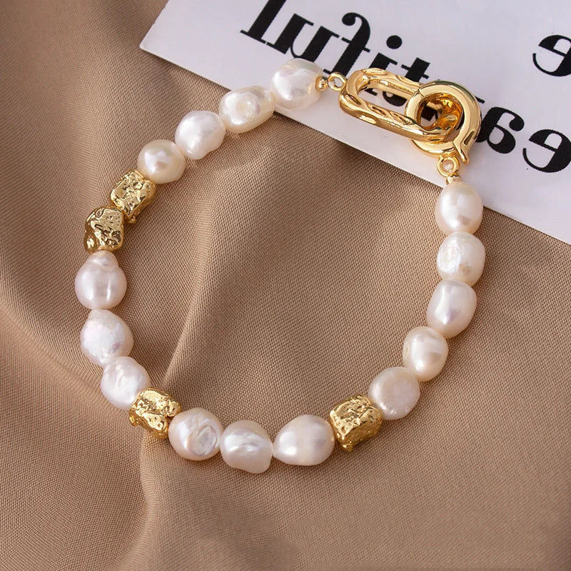 Natural Freshwater Pearl Irregular Baroque Bracelet Elegant Gold Color Charms Bangles for Women Luxury Personality Jewelry