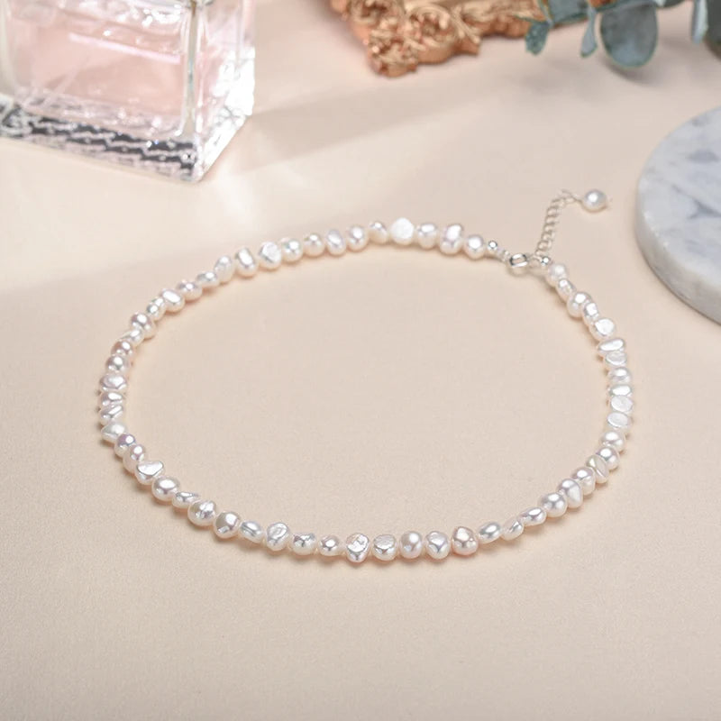 5-6mm Natural Baroque Freshwater Pearl Necklace Fashion Jewelry ,925 Sterling Silver Choker Necklace for Women Girls