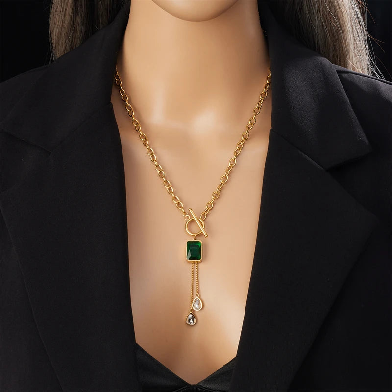 Stainless Steel Green Crystal Teardrop Tassel Necklace Bracelets For Women New Trendy Neck Chain Jewelry Set