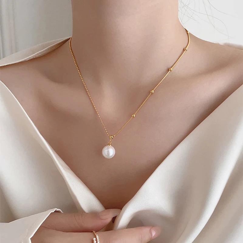 New Stainless steel Bead Chain Splicing Pearl Pendant Necklace For Womens Fashion Accessories Jewelry