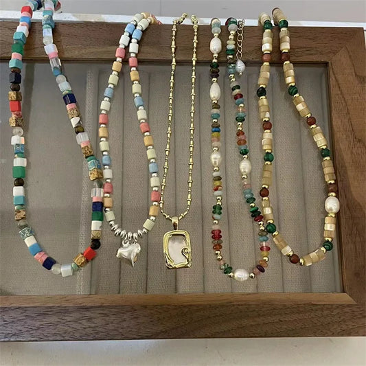 Colorful Multi-layered Hand-woven Necklace Women's Fashion Vintage Natural Stone Pearl Bead Chain Bohemian Daily Jewellery  Gift