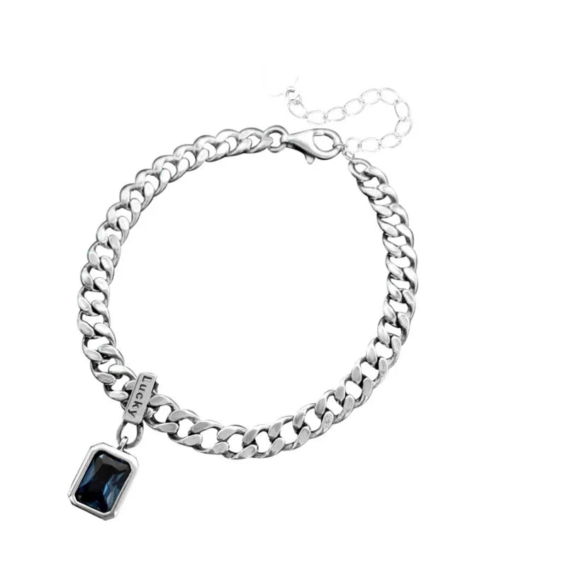 Popular 925 Sterling Silver Square Blue Crystal Bracelet Geometric Shape Charm Bracelet Women Birthday Gift