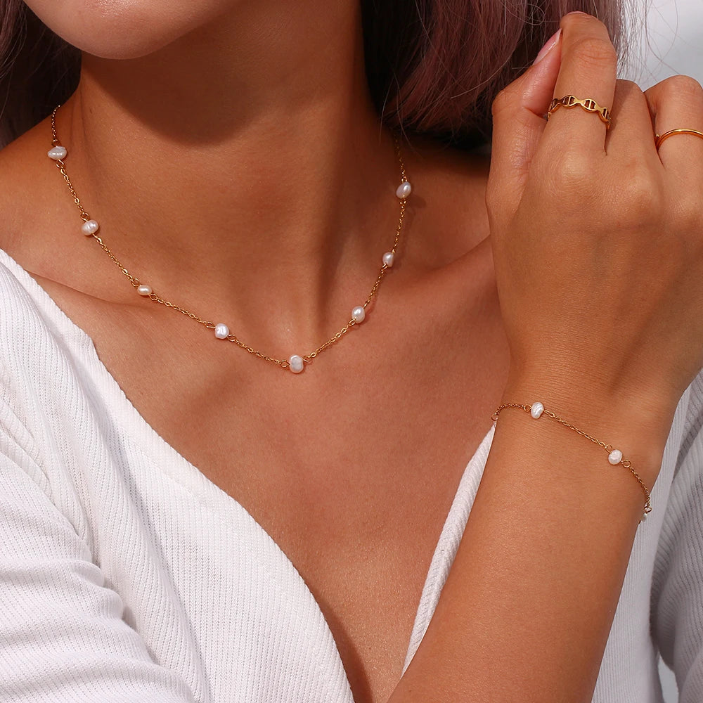 Stainless Steel Chain Freshwater Pearl Chain Necklace Bracelets For Women Gold Plated Jewelry Set