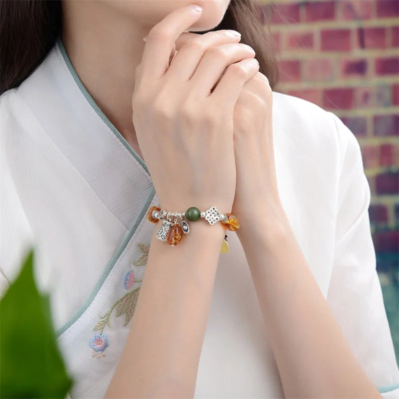 Vintage Women's Natural Piebald Amber Bracelet Amber S925 Sterling Silver Thai Silver Elbow Lucky Bag DIY Design Bracelet