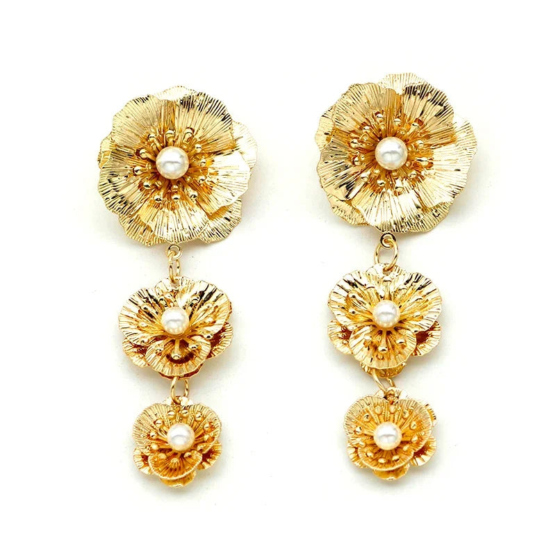 Metal Flower Imitation Pearl Post Earrings For Women Fashion Jewelry  Trendy New Styles