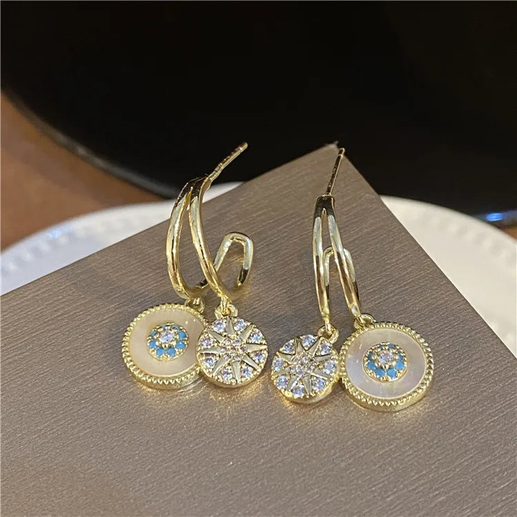 2024 New Classic Round Shell Flower Pendant Earrings Korea Luxury Jewelry Wedding Party Temperament For Womans Accessories