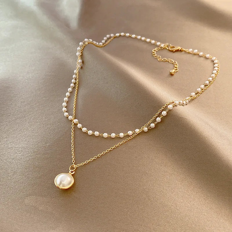 New Women's Pearl Necklace  Gold Color Beads Pendant Necklaces  Double Layer Chain Choker for Women Fashion Jewelry