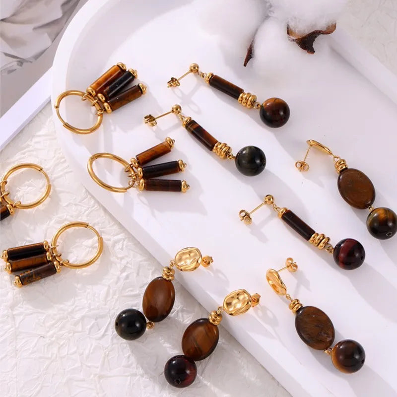 Tiger-eye Stone Beads Drop Earrings Necklace Stainless Steel Gold Plated Stud Earring Necklaces For Women Jewelry Set