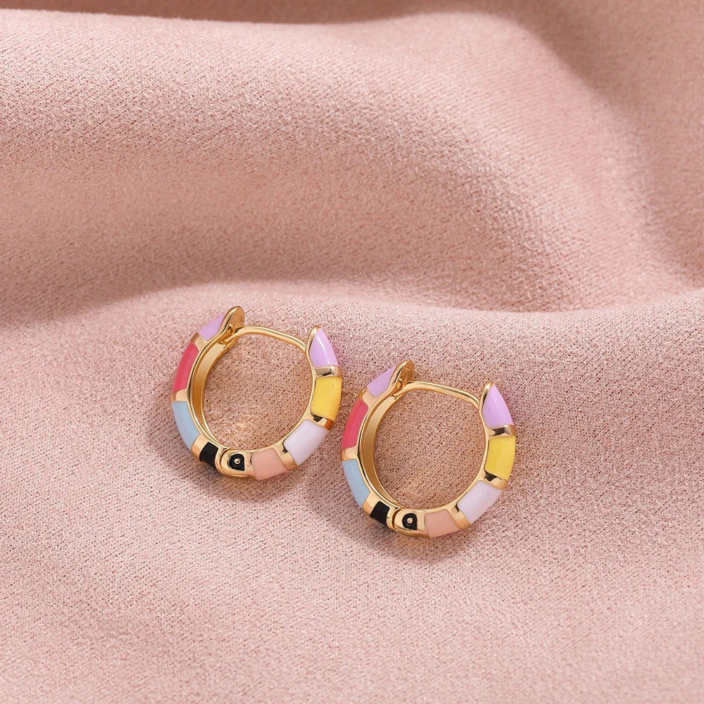 Cute Enamel Colorful Block Huggies Earrings for Women Rainbow Color Gold Plated Round Circle Ear Buckles Tiny Piercing Earrings