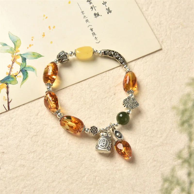 Vintage Women's Natural Piebald Amber Bracelet Amber S925 Sterling Silver Thai Silver Elbow Lucky Bag DIY Design Bracelet