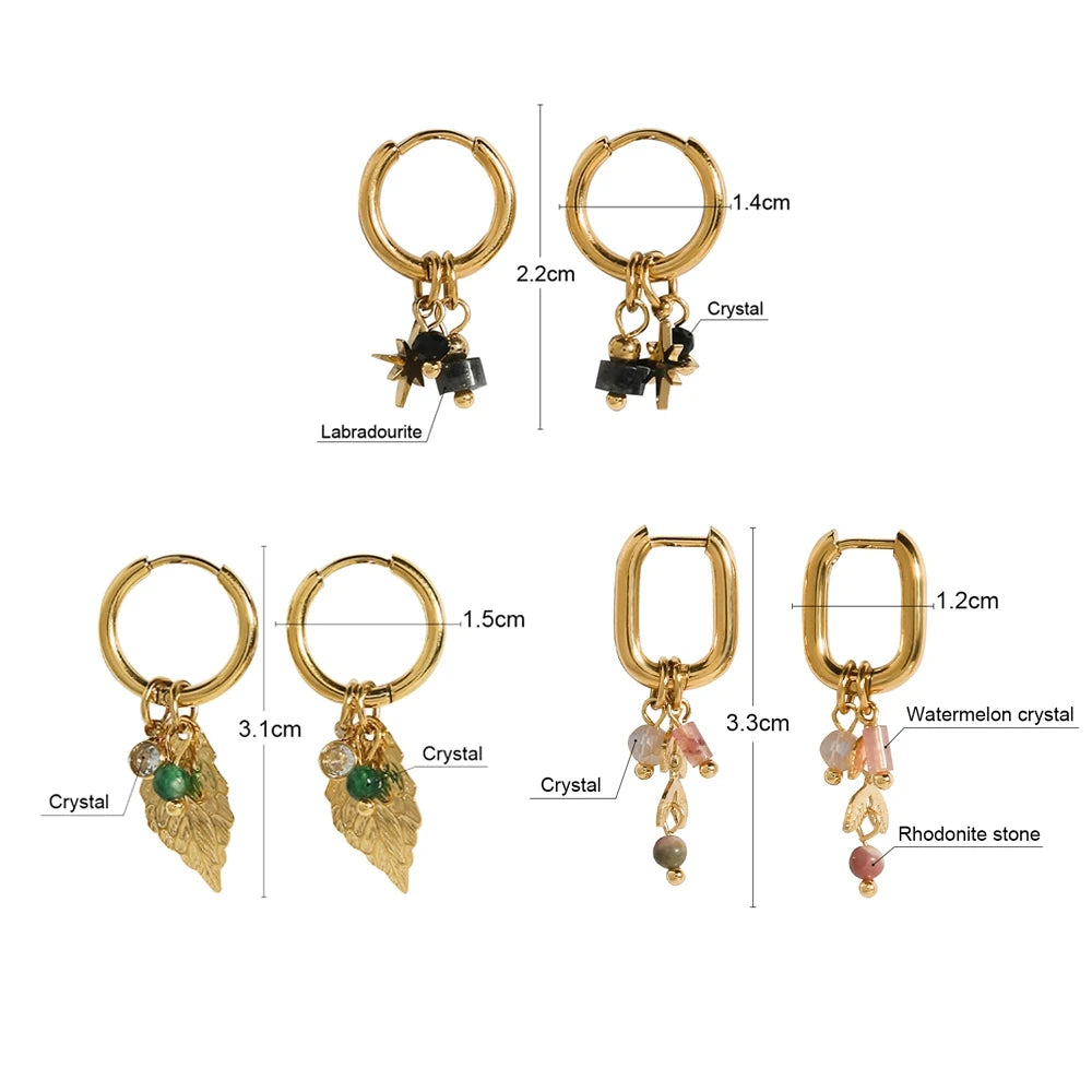 Gold Plated Stainless Steel Hoop Earrings for Women Vintage Green Natural Stone Charms Trendy Waterproof Jewelry