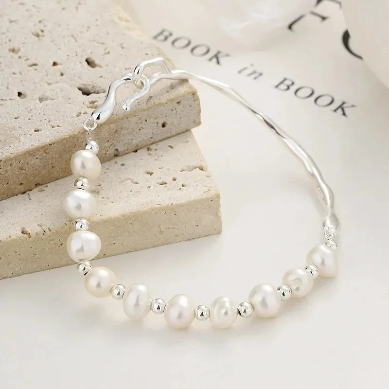 Vintage 925 Sterling Silver Pearl Bracelet For Women  Metal Knots Charm Bracelets