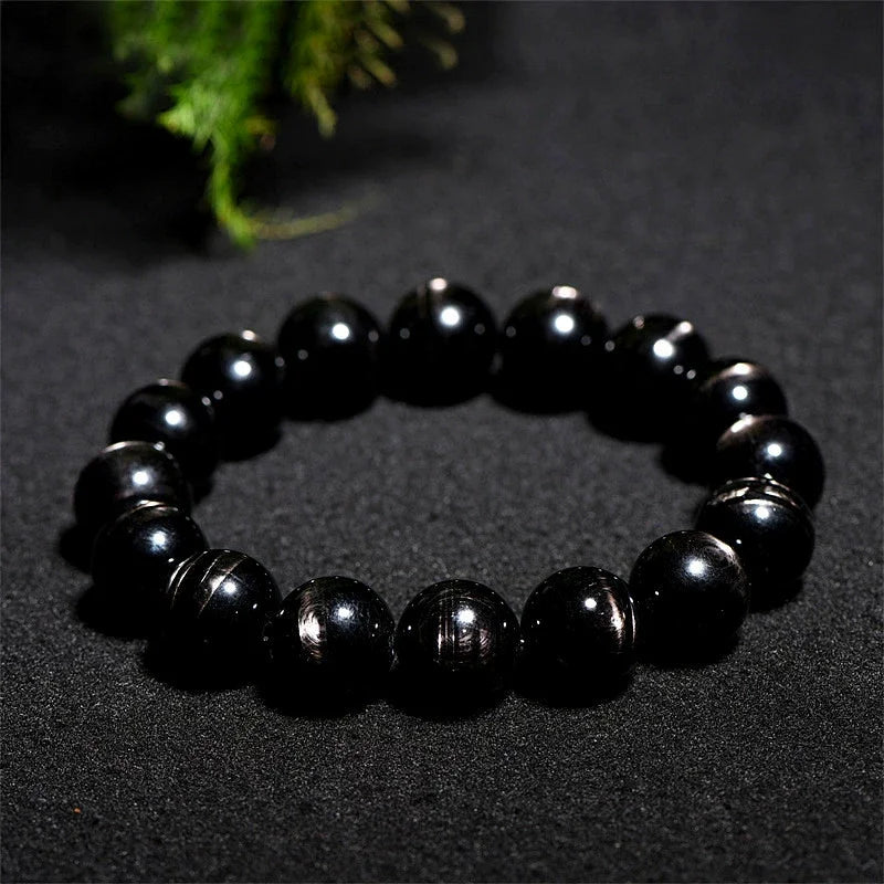 Genuine Natural Hypersthene Black Flash Egypt Women Men Bracelet Gold Lucky Hypersthene Round Beads  AAAAA