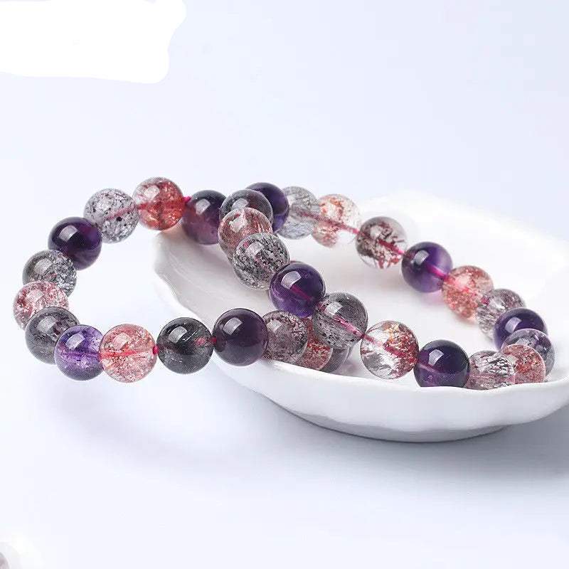 Natural Super Seven Crystal Beaded Bracelet – Amethyst and Strawberry Quartz Jewelry for Men and Women