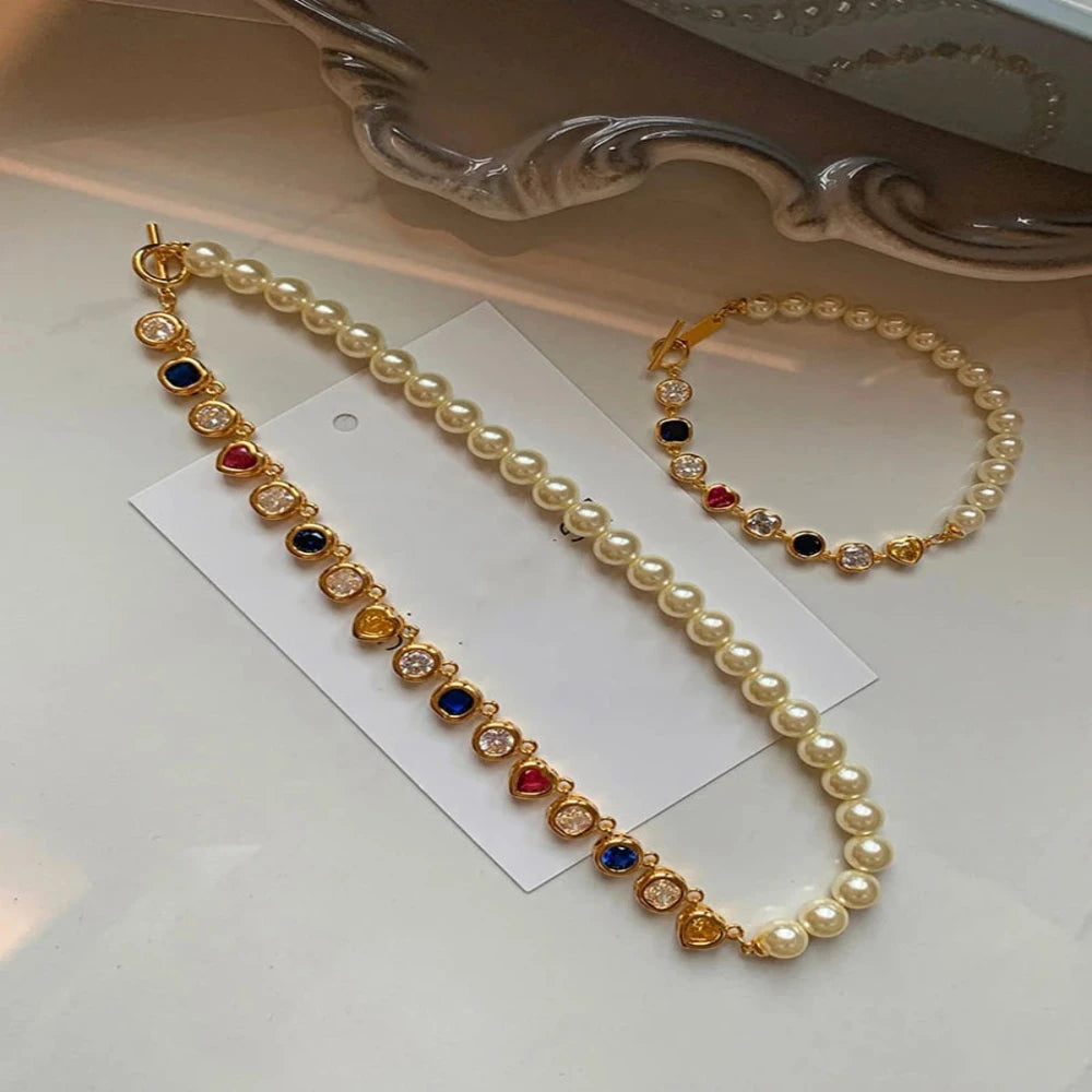 Brass With 18K Gold Half Color Beads Half Faux Pearl Necklace Women Jewelry