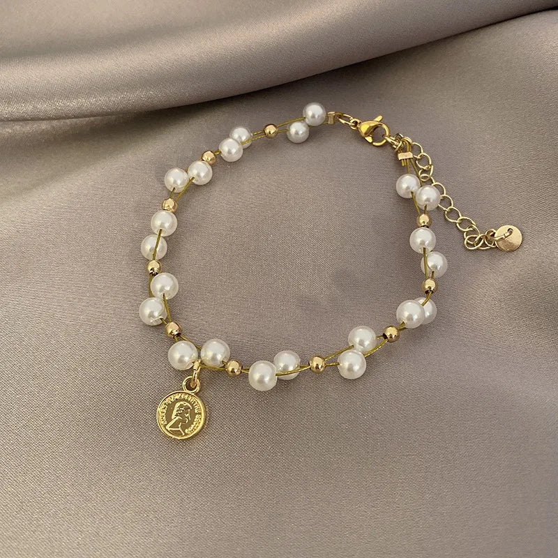 Vintage Pearl Bracelet With Elegant Pendant French Style Fashion Jewelry For Women Romantic Dress Accessories