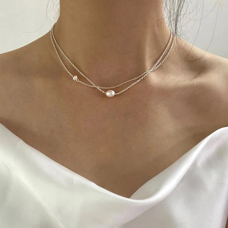 Natural Freshwater Pearl Double Necklace 925 Sterling Silver Chain for Women Female Pearl Choker Fashion Jewelry