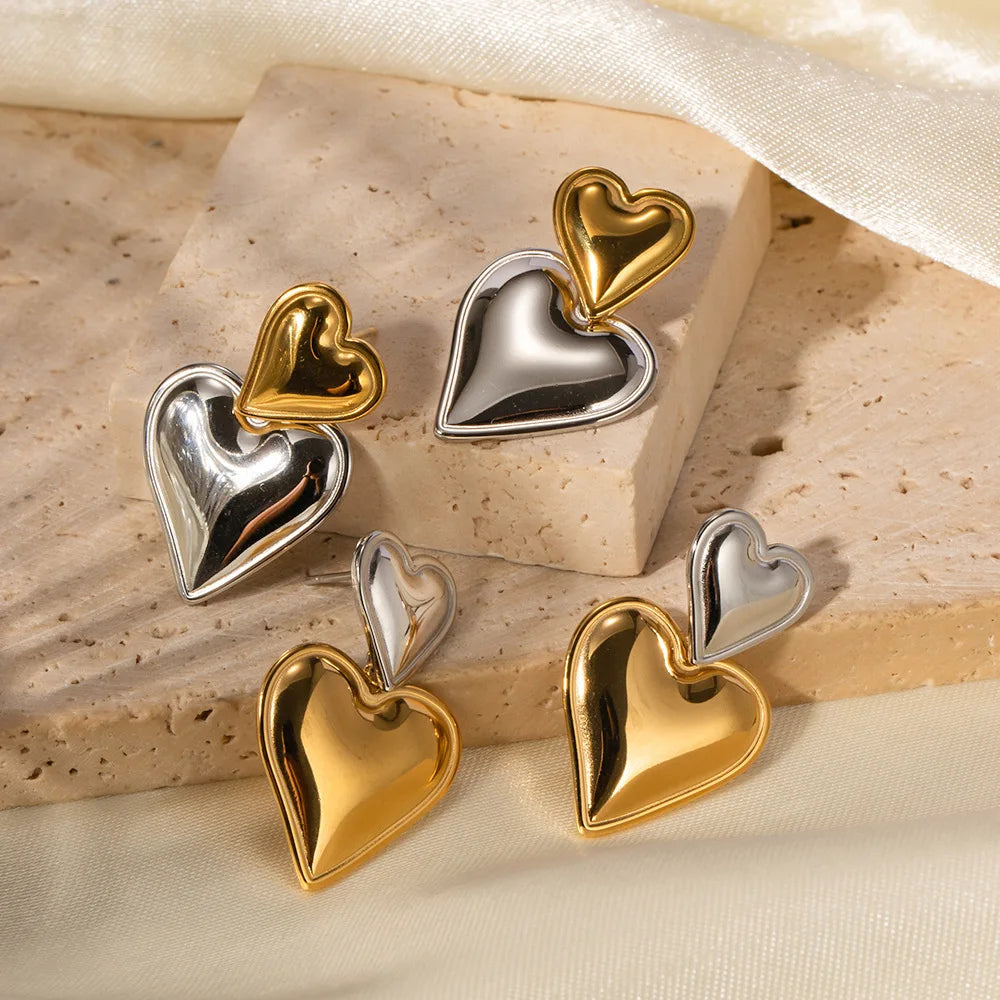 Stainless Steel Luxury stylish Double Heart Earrings Ladies Smooth Mix Earrings Jewelry