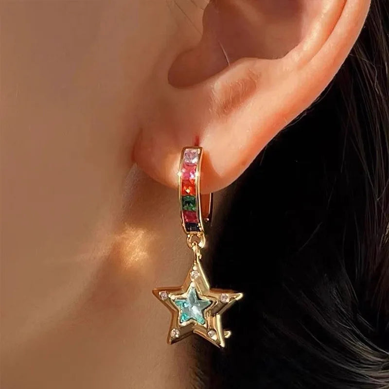 Vintage Heart Star Zircon Drop Dangle Earrings Asymmetric Pentagram Love Fashion New Jewelry Lady Gift Party