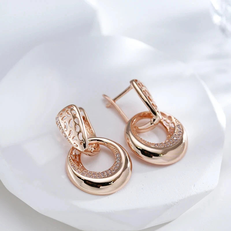 Wbmqda Luxury Circle Hollow Drop Earrings For Women 585 Rose Gold Color With White Natural Zircon Fine Daily Party Jewelry