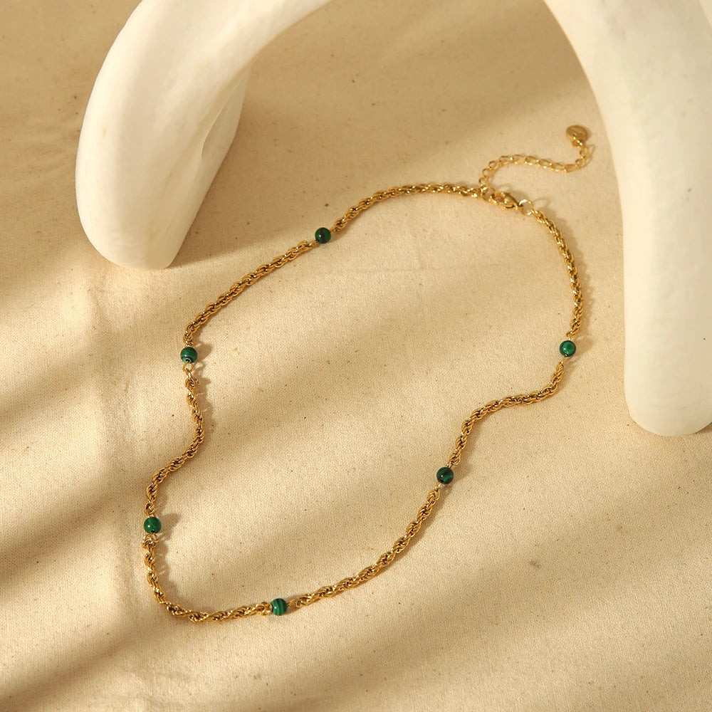 Stylish 16K Gold Plated Stainless Steel Synthesis Malachite Beads Necklaces Waterproof  Twist Chain Collar Necklace For Women