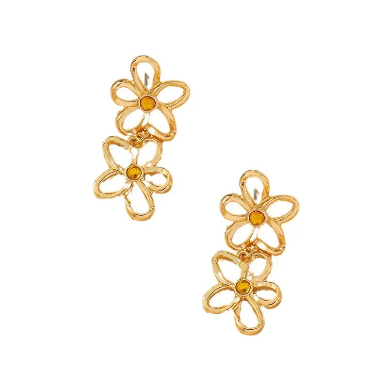 Hollow Double Flower Drop Earrings Korean Design Fashion Minimalist Gold Color Ear Hip Hop Jewelry