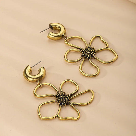 Vintage Metal Big Flower Drop Earrings For Women Exaggerated Gold Color Hollow Flower Geometric Earings