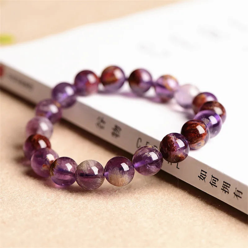 Natural Cacoxenite Quartz Purple Ghost Round Beads Stretch Bracelet Reiki Rare Stone AAAAAA