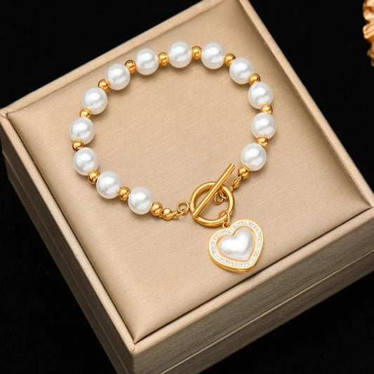 Stainless Steel Pearl Heart Love Charm Bracelets For Women Girl New Trendy High Quality Wrist Jewelry