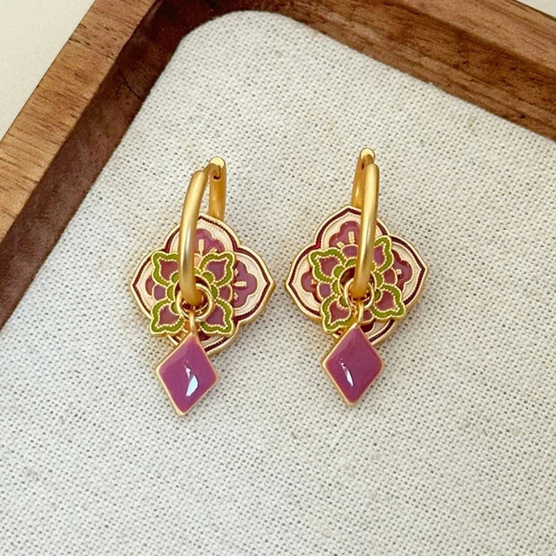 Fashion Jewelry Vintage Temperament Purple Enmale Pattern Drop Earrings For Girl Female Gifts Fine Ear Accessories