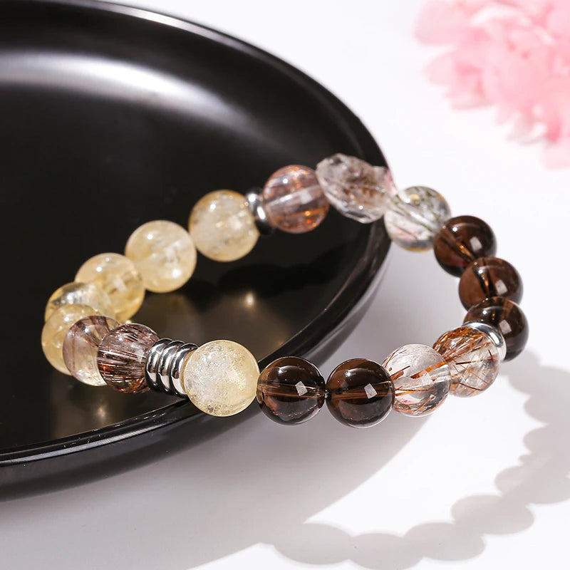 Natural Rutilated Quartz Citrine Smoky Quartz Combined Strand Bracelets Women Men Wealth Lucky Crystal Energy Beaded Jewelry