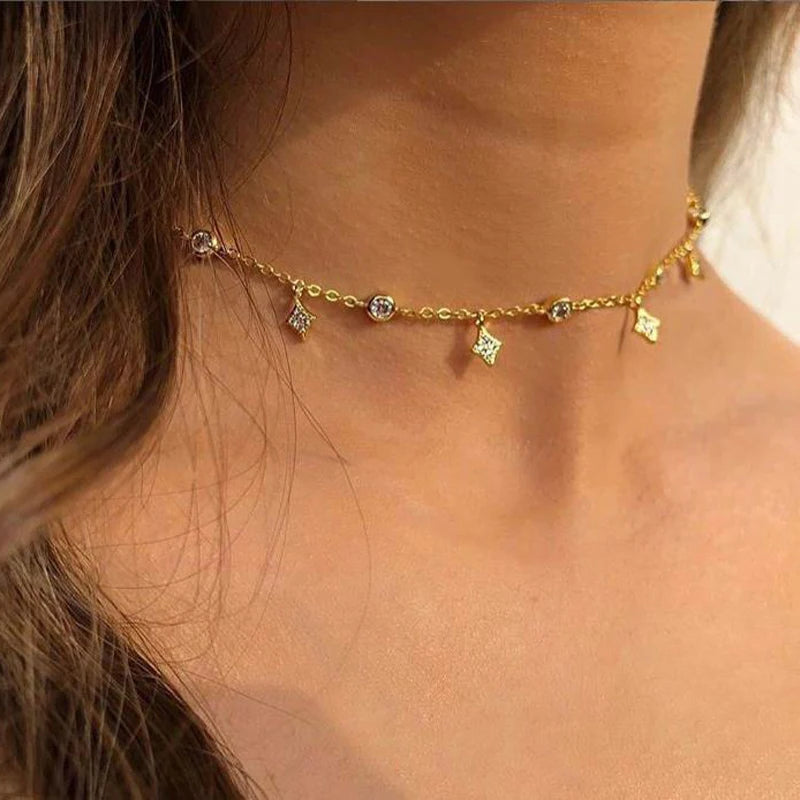 925 Sterling Silver Crystal Gold Rose Gold Silver Color Dangle Star  Drop Choker Necklaces Jewellery For Women