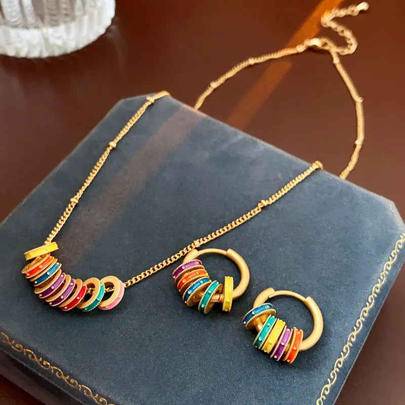 Light Luxury Retro Oil Dropping Color Round Hoop Earrings For Women Fashion Sweet Metal Jewelry