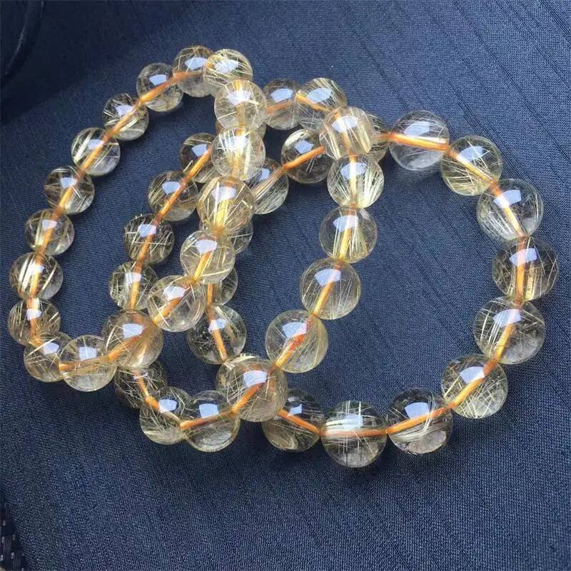 10MM Natural Golden Rutilated Quartz Bracelet Women Healing Gemstone Crystal Strand Bangles Lovers Jewelry