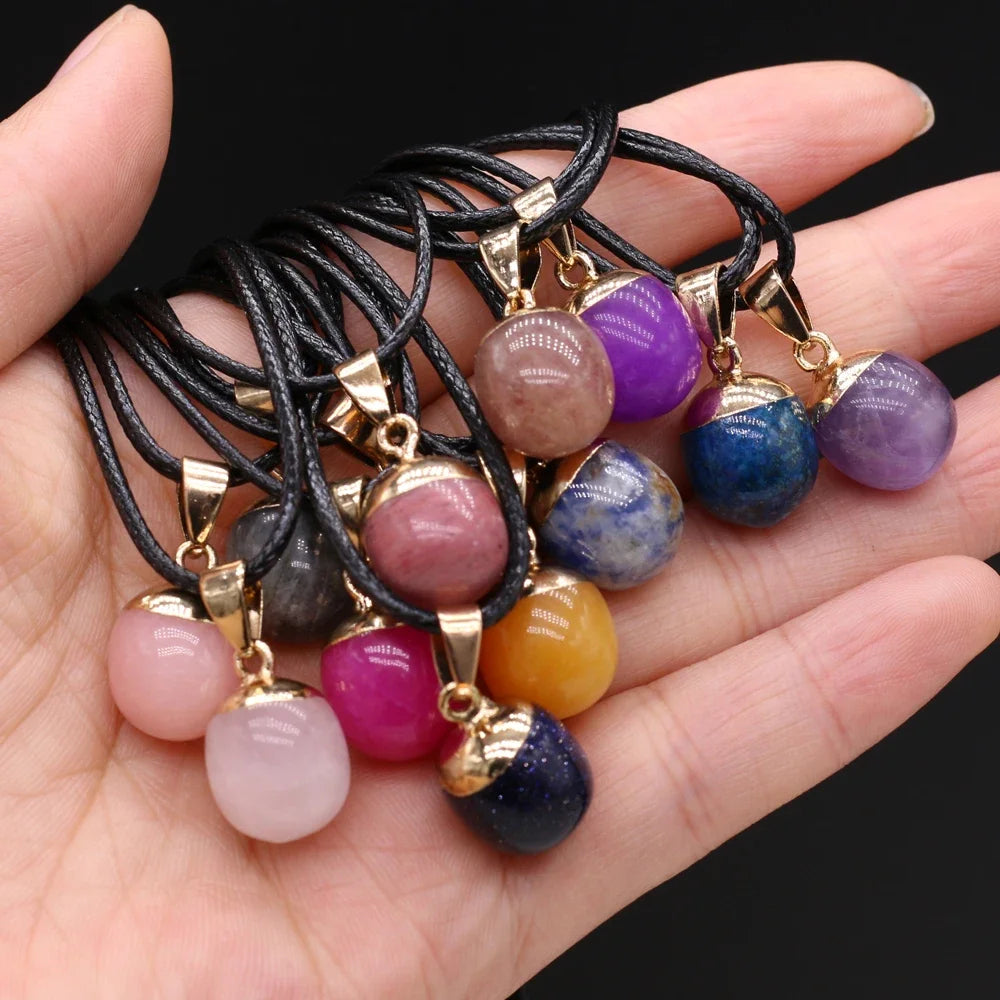 Natural Stone Rose Quarts Lapis Lazuli Pendant Necklace Small Bean Shape Wax Thread Charms Fashion Jewelry Necklaces for Women