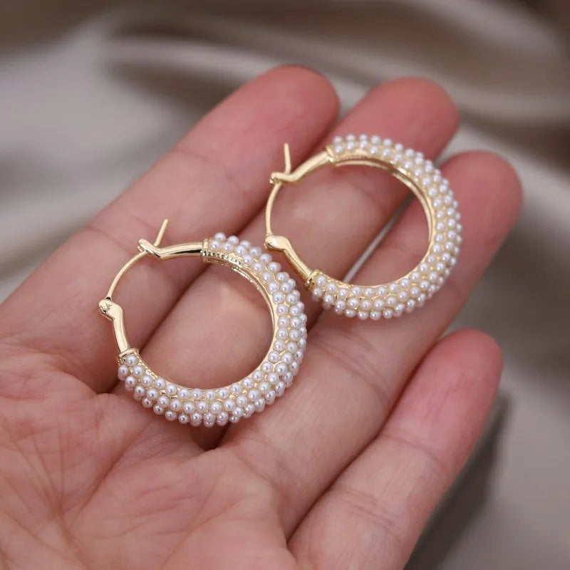 New Design Fashion Jewelry Handmade Pearl Round hoop Earrings Elegant Women's Daily Work Accessories